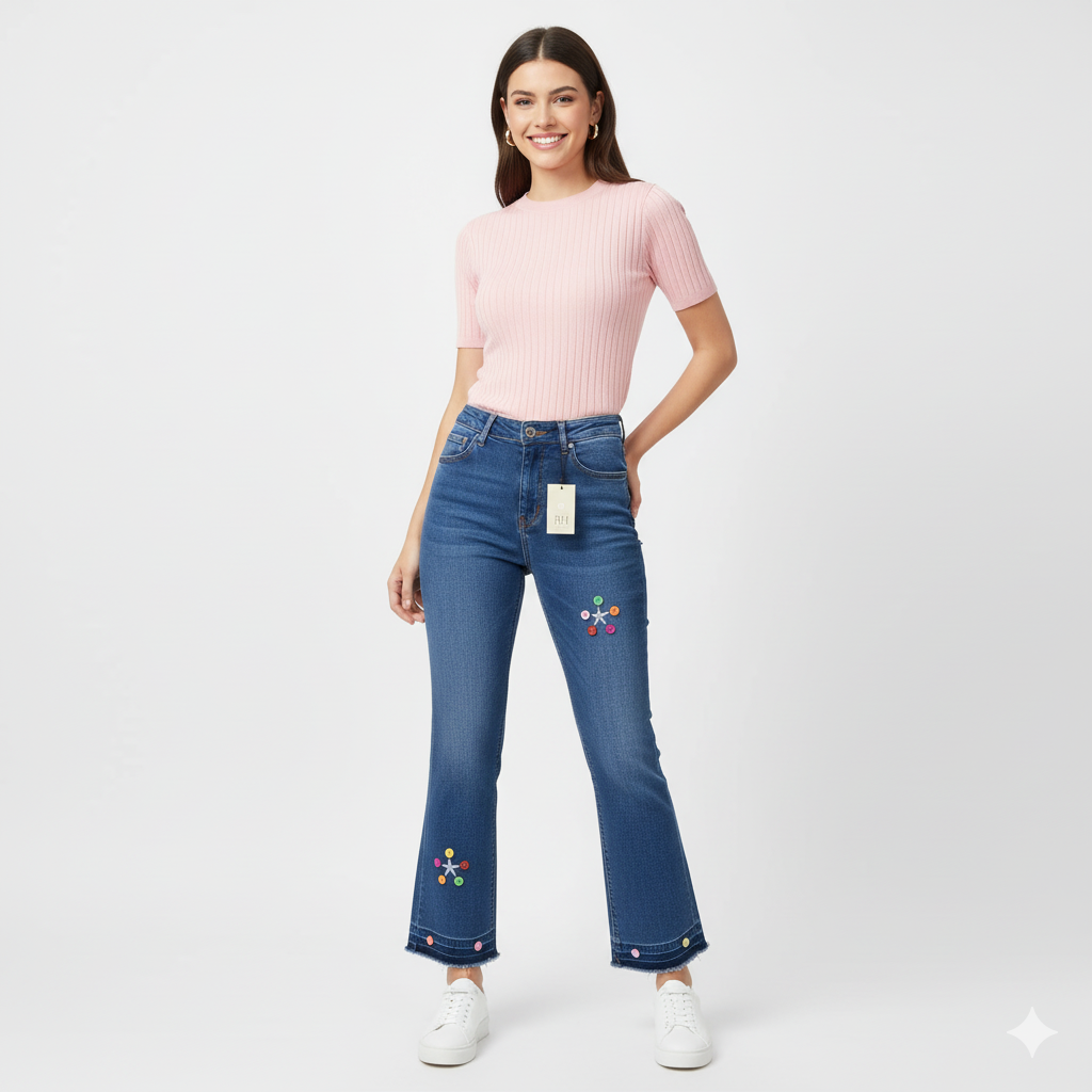 "Colorful Button Flare Jeans-blue