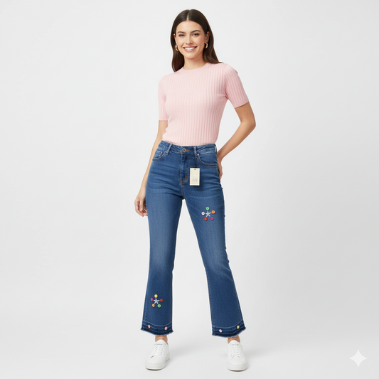 "Colorful Button Flare Jeans-blue