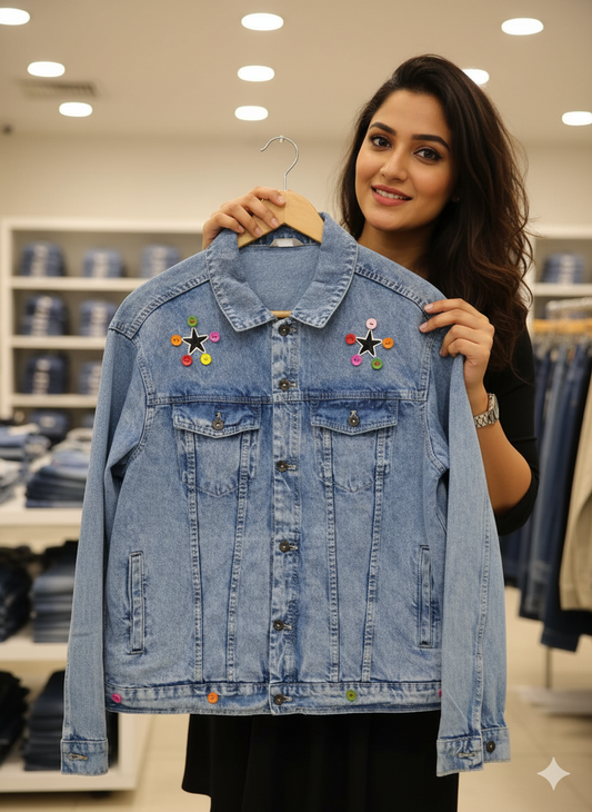 Blue Denim Jacket with Colorful Star Patches