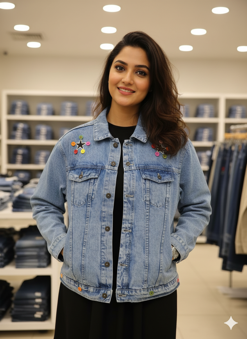 Blue Denim Jacket with Colorful Star Patches