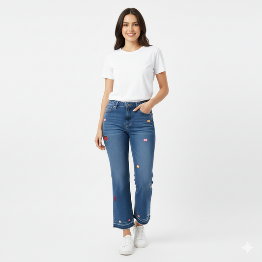 "Colorful Button Flare Jeans