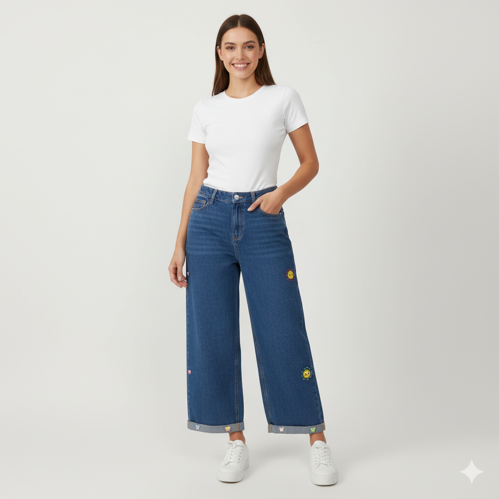Smiley Embroidered Denim