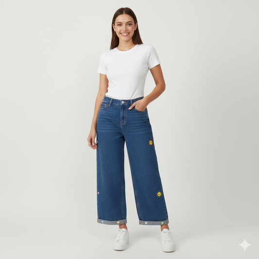 Smiley Embroidered Denim