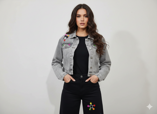 "Grey Cropped Denim Jacket with Cartoon Patch"
