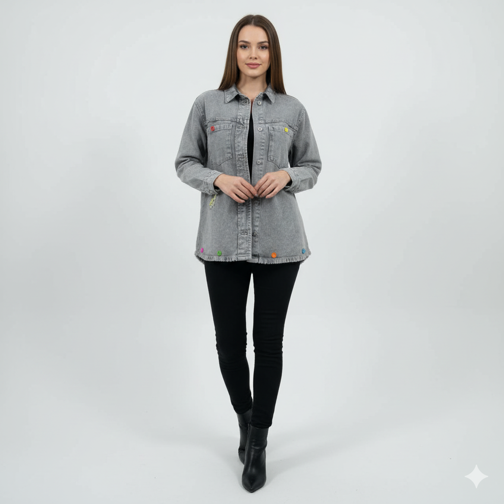 Grey Denim Jacket with Color Pop Buttons"
