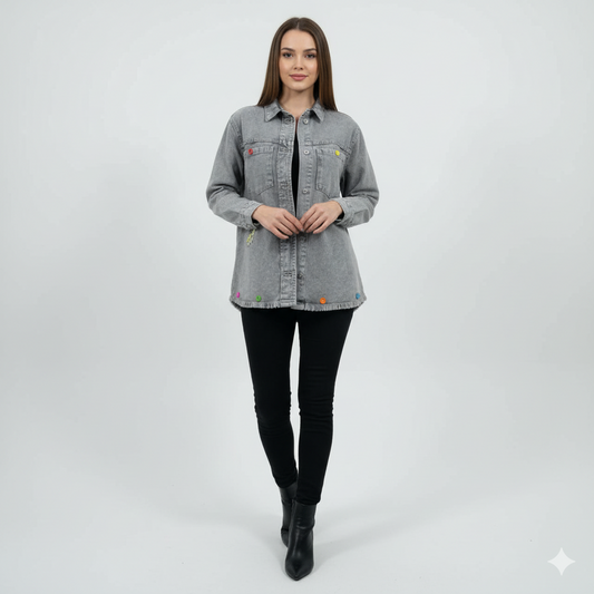 Grey Denim Jacket with Color Pop Buttons"