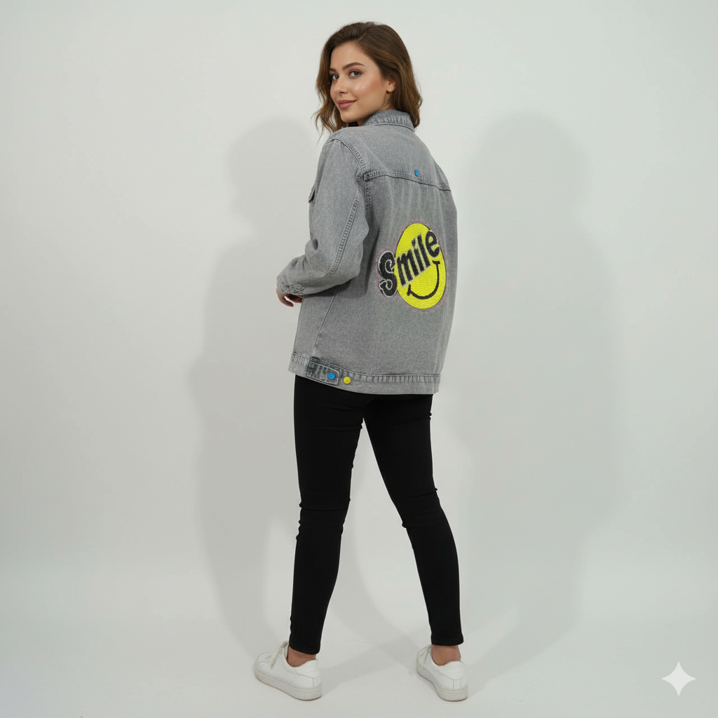 Grey Denim Jacket with Color Pop Buttons"