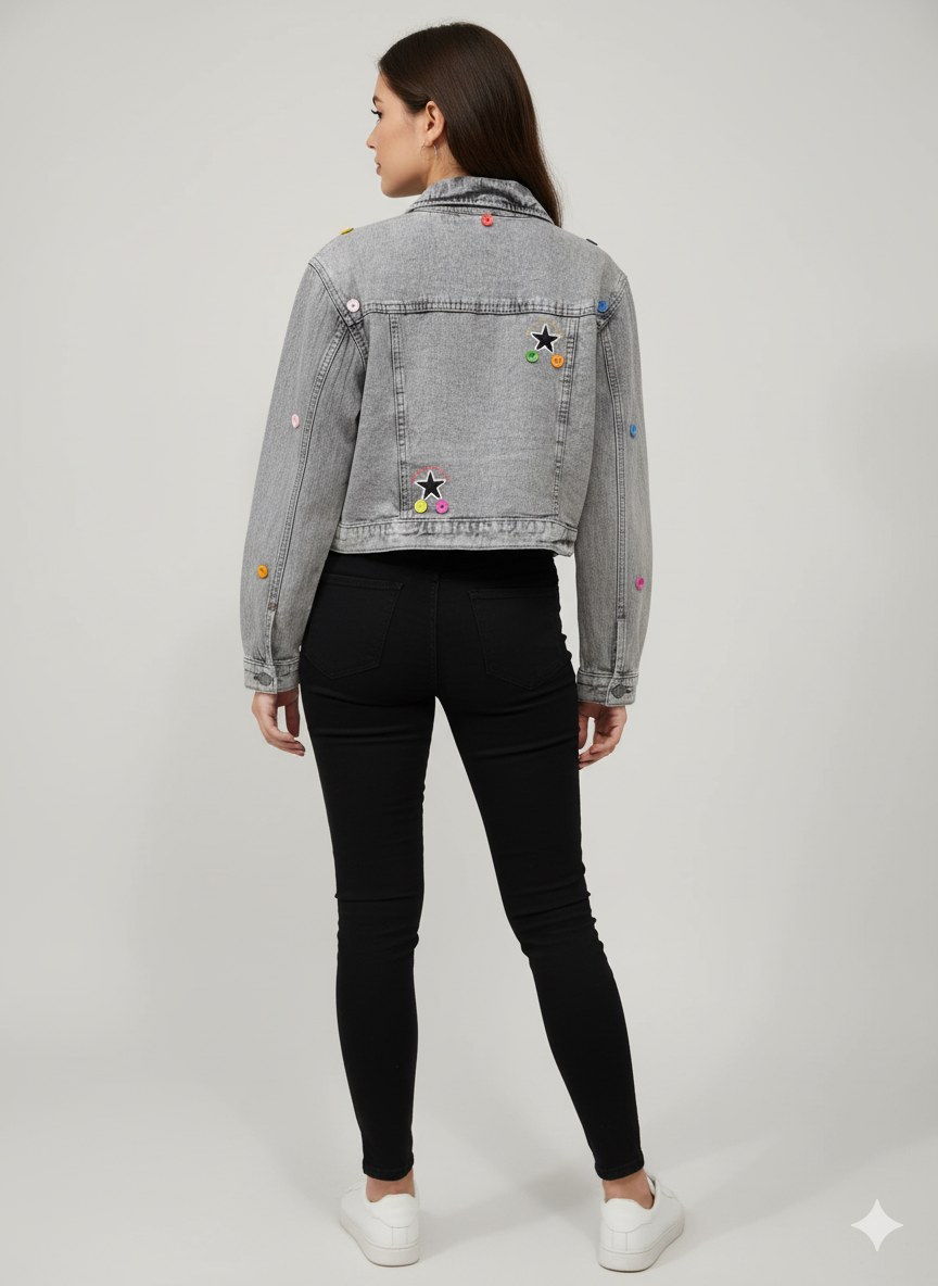 "Grey Cropped Denim Jacket with Cartoon Patch"