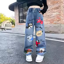 New 2025 Teenage Girls Blue Street Cartoon Print denim