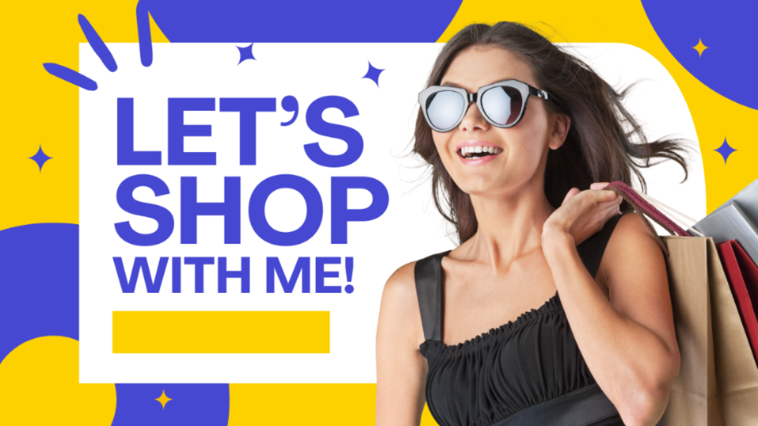 Woman with sunglasses and shopping bags against a colorful background with 'Let's Shop With Me!' text.