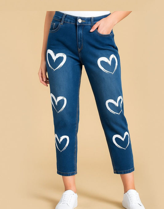 Blue Denim Jeans with White Heart Prints