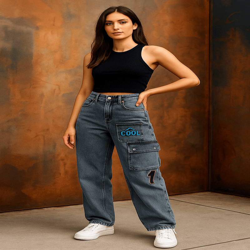Trendy Cargo Jeans on Confident Female Model