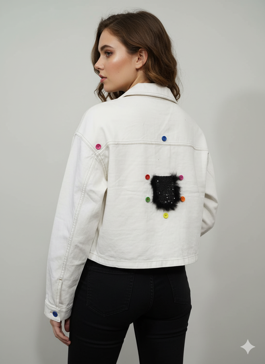Trendy Short White Denim Jacket with Colorful Patches
