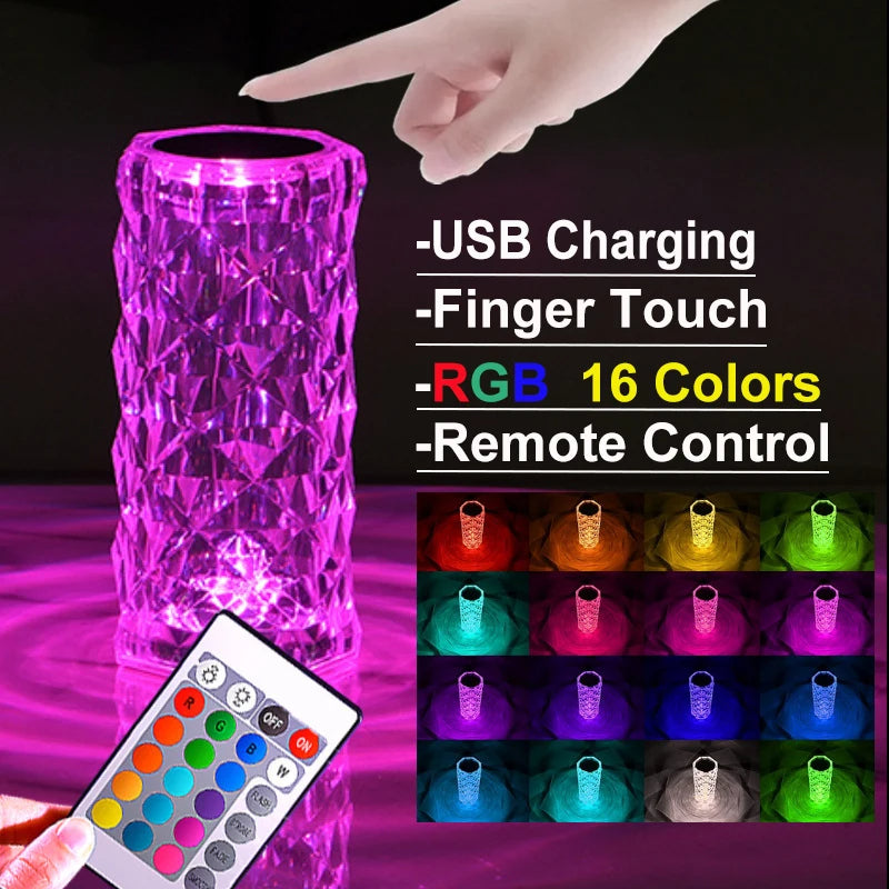 Crystal Table Lamp LED Rose Light Projector Home Bar Decoration